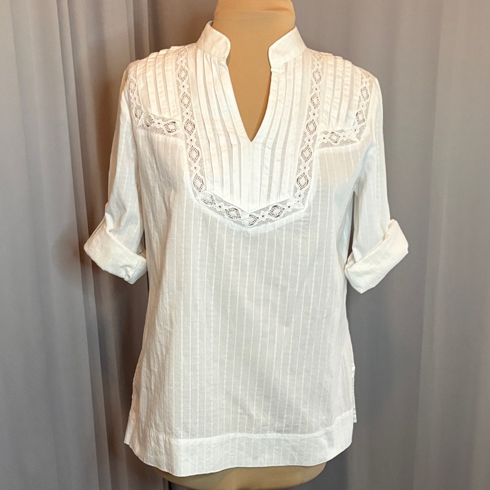 St. John's Bay Women's Tunic Elegant White Lace Trim Blouse